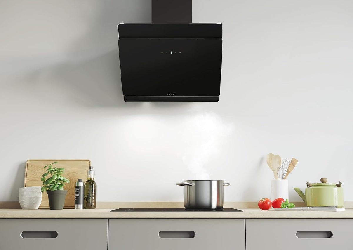 Candy CDG6CBP8B, Campana Decorativa 60 CM, 4 Niveles de Potencia, 611 M3/H, Control táctil, Filtros de Aluminio Antigrasas y Filtros de Carbono Incluidos, Iluminación LED, 62DB, Negro