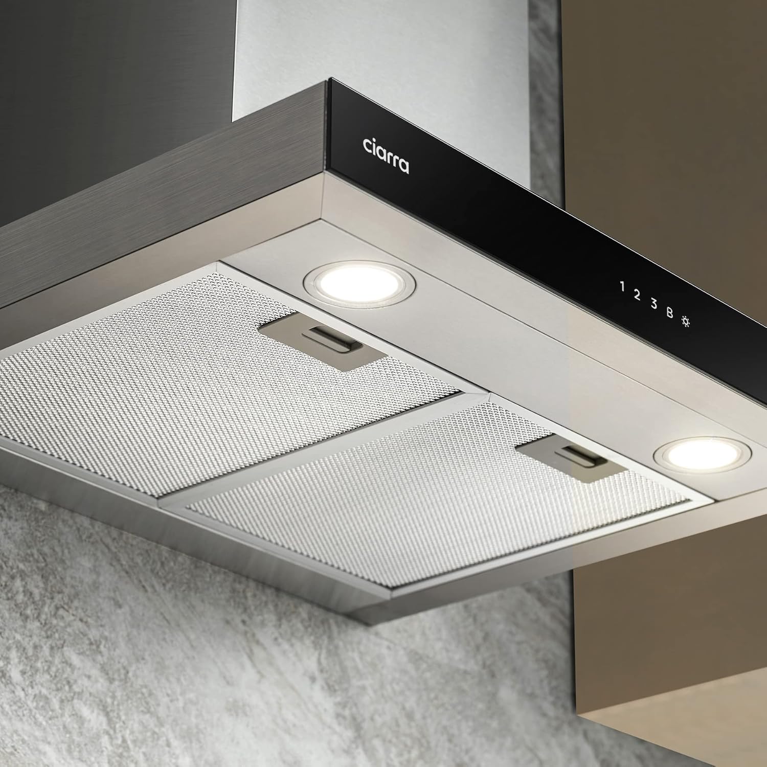 Ciarra CBCS6102 Dunstabzugshaube 60cm 650 m³/h - Touch Control & Wifi - 4 Geschwindigkeiten - Abluft- und Umluftbetrieb mit Aktivkohlefilter CBCF003 - Edelstahl