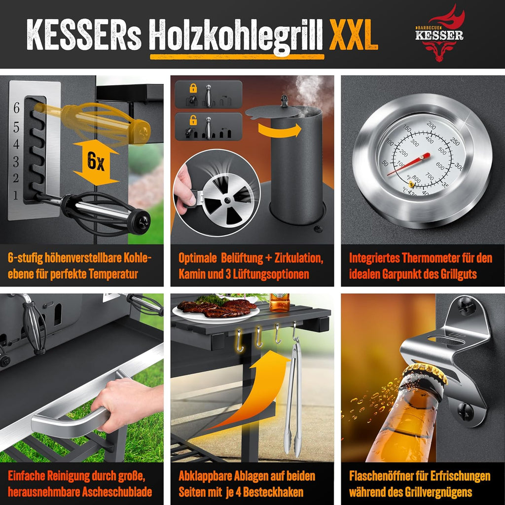 KESSER® Holzkohlegrill mit Wagen Grill mit Deckel, Rädern, Edelstahlgriff | Grill und Thermometer Großer Holzkohlegrill BBQ Grill Camping, Terrasse, Garten XXL Grau