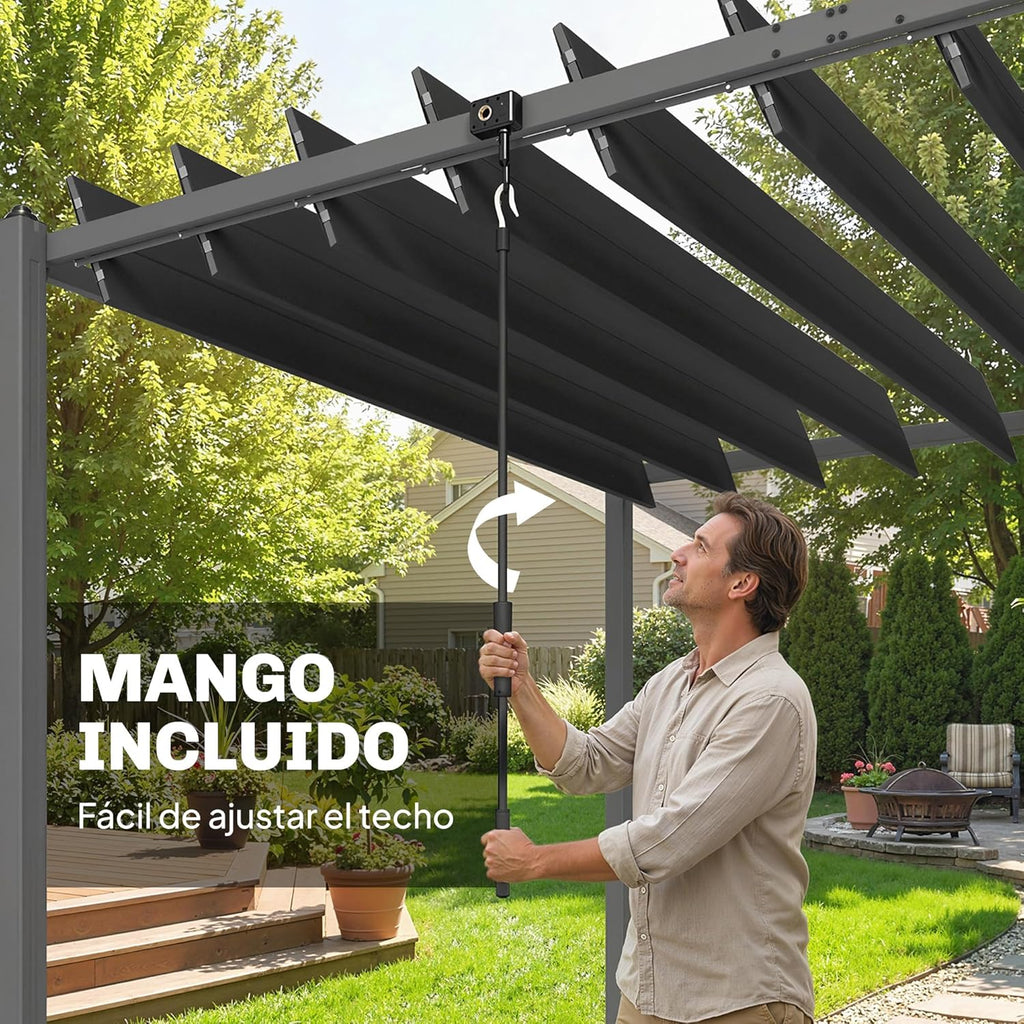Outsunny Pérgola de Jardín 3x5,7 m, Cenador de Jardín con Techo de Lamas Ajustable a 90°, Manivela, Estructura de Aluminio, Protección UPF50+, Pabellón para Exterior, Patio, Terraza, Gris Oscuro