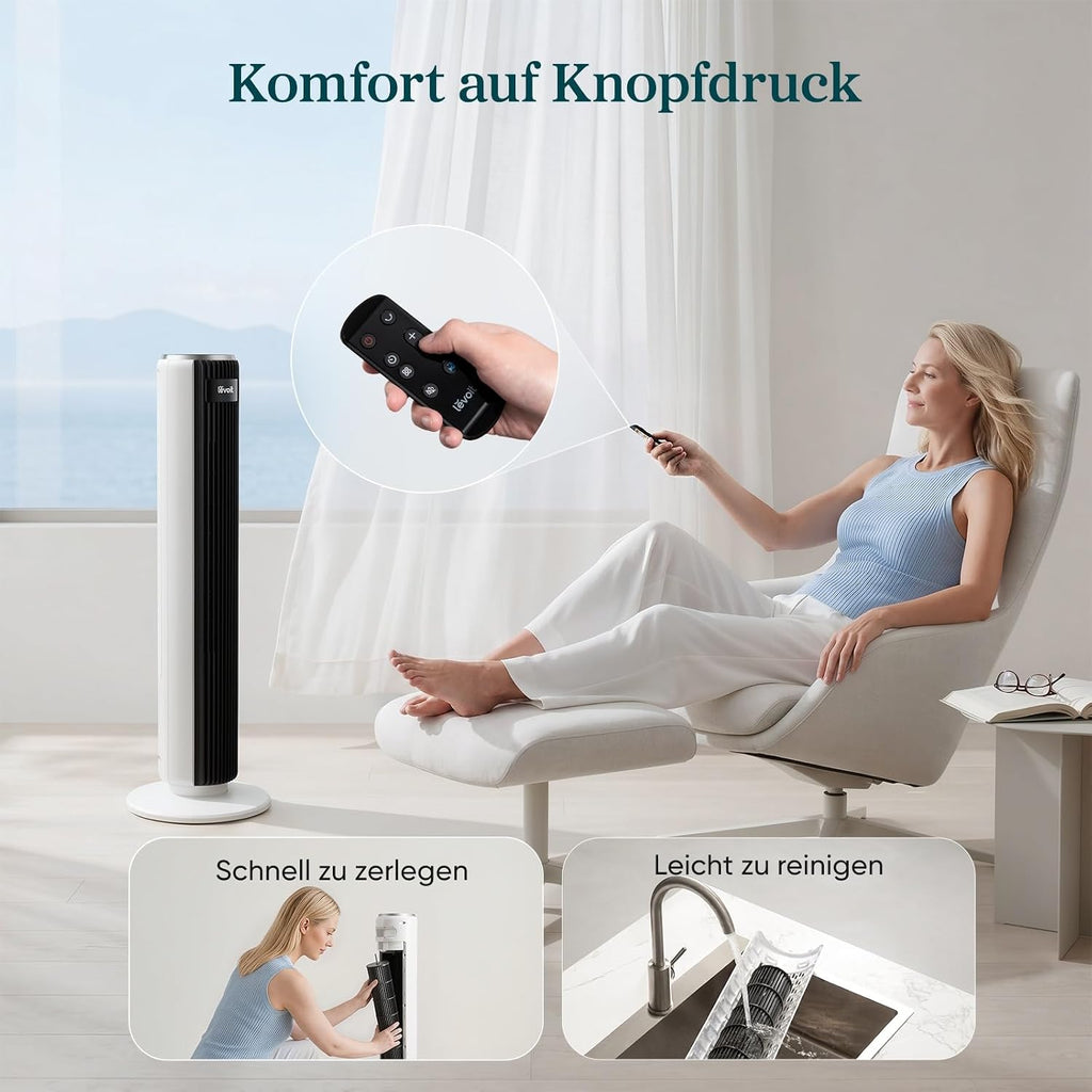 Levoit-Turmventilator mit Fortschrittlichem Schlafmodus-Ventilator leise 12Std Timer 4 Modi 5 Geschwindigkeiten-Automatikbetrieb mit Sensor-Oszillation Tower Fan mit Fernbedienung Weiß 92CM