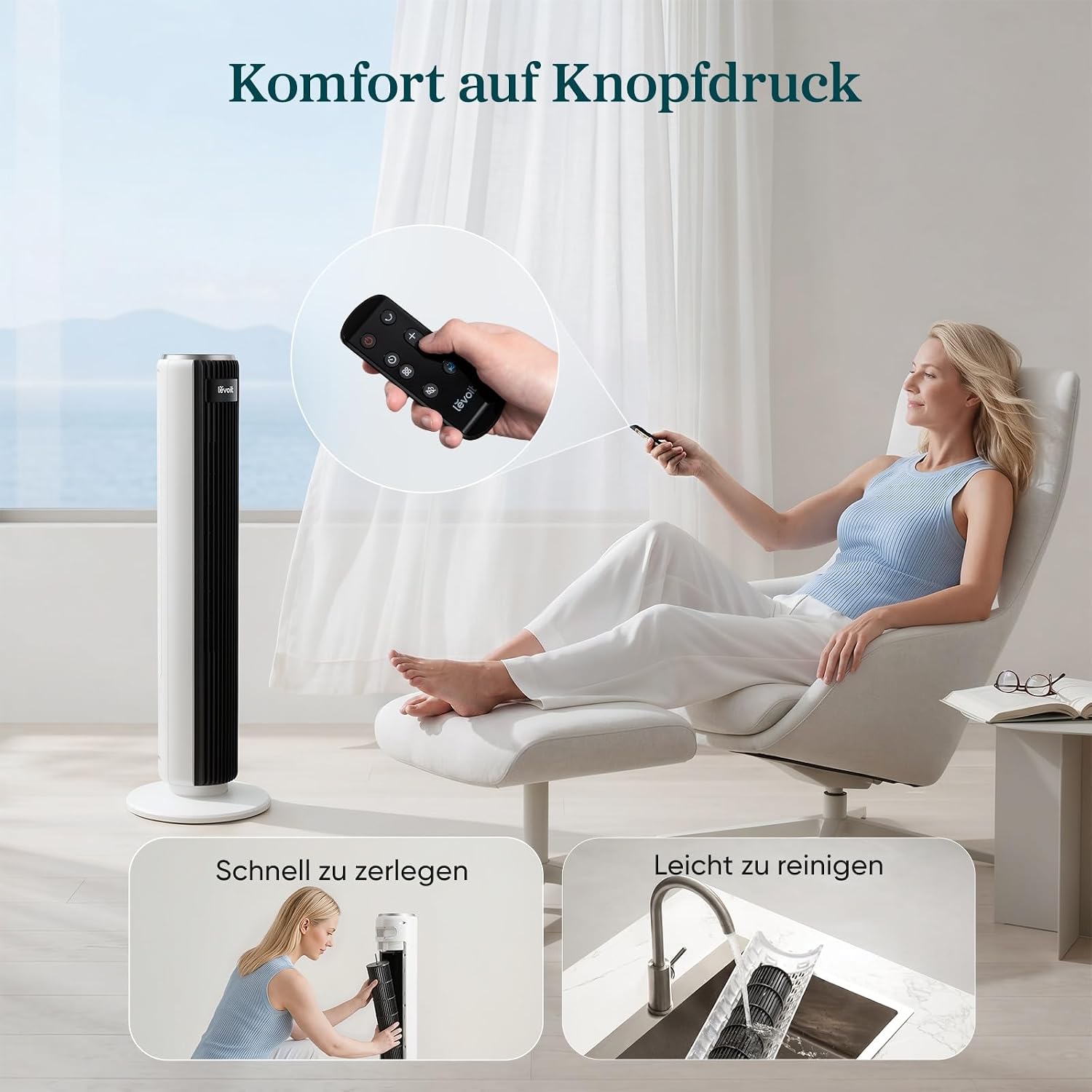 Levoit-Turmventilator mit Fortschrittlichem Schlafmodus-Ventilator leise 12Std Timer 4 Modi 5 Geschwindigkeiten-Automatikbetrieb mit Sensor-Oszillation Tower Fan mit Fernbedienung Weiß 92CM