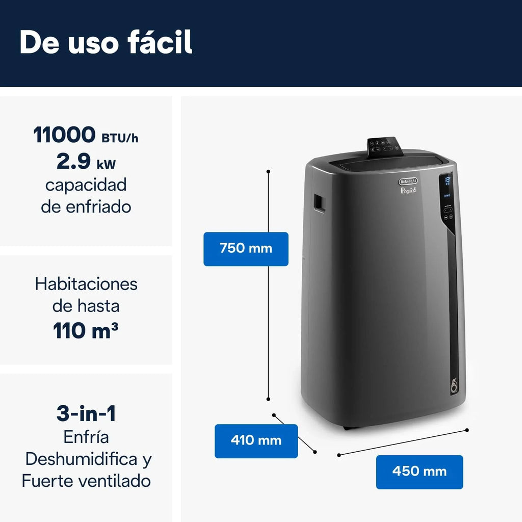 Pingüino PACEL112 Silent Aire Acondicionado Portátil Silencioso con Tecnología Eco Real Feel y Cool Surround, Función Deshumidificadora, 2.9 kW, 63 dB, Plástico, Negro, Clasa A, hasta 110m3