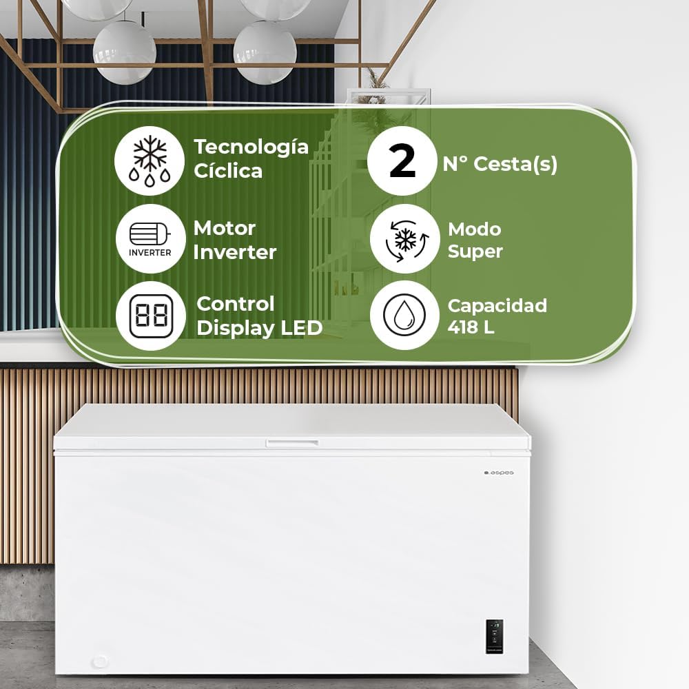 Aspes Gefriertruhe Weiß ACHH4500EDC. 418 Liter Fassungsvermögen, Dual Cooling, 2 Körbe, Geräuscharm, Energieeffizienzklasse E
