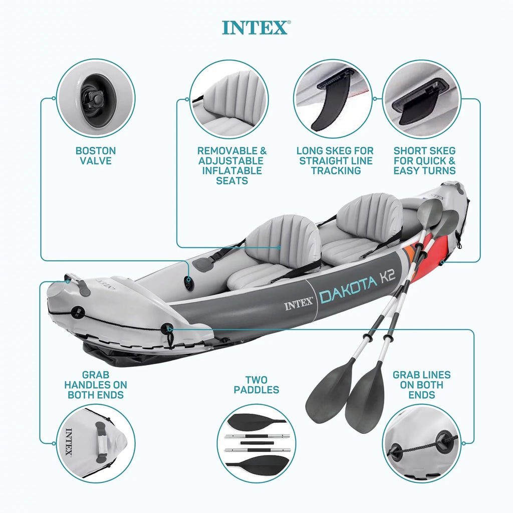 2025 Intex Dakota K2 aufblasbares 2-Personen-Vinyl-Kajak mit Paddeln und Pumpe – Offene Verpackung