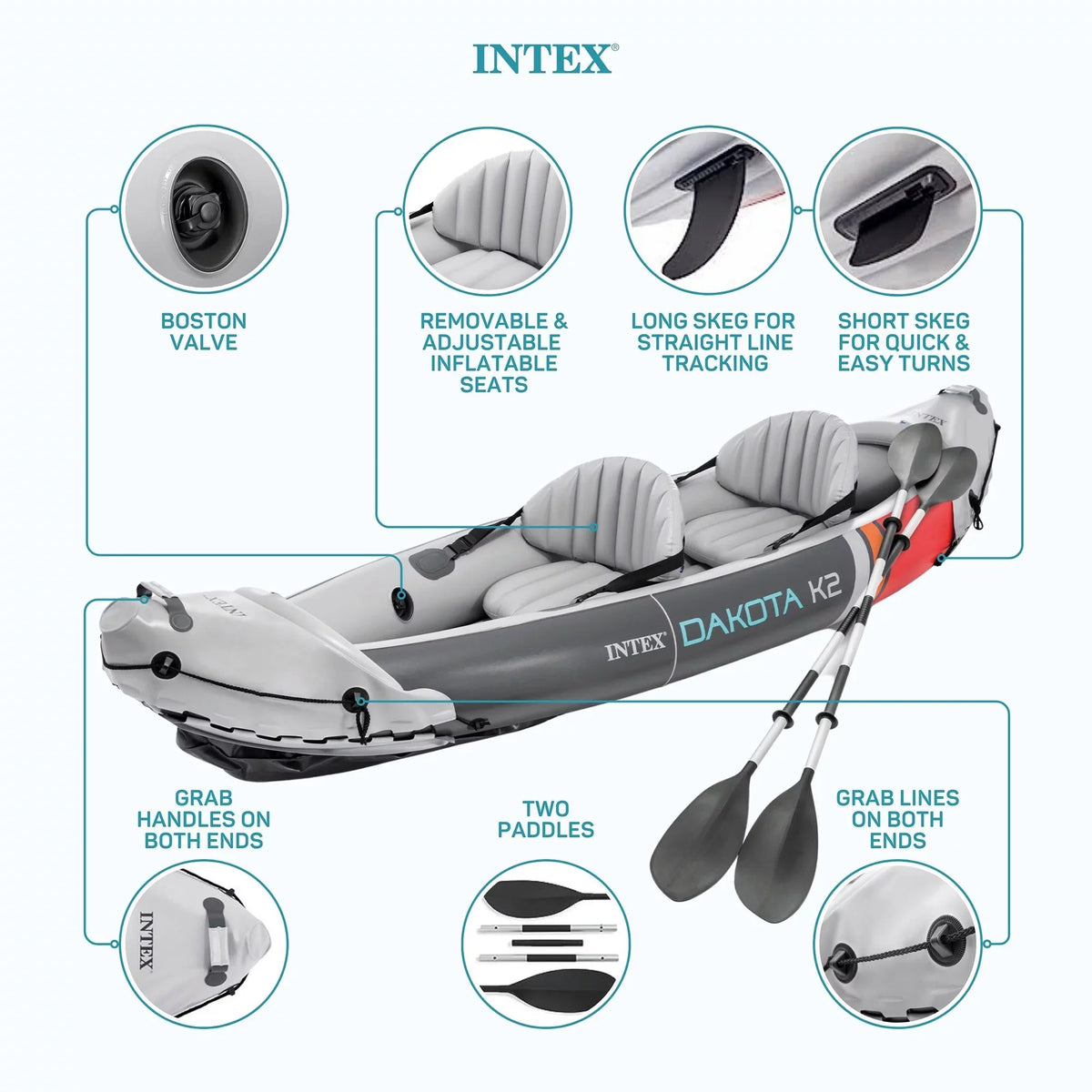 2025 Intex Dakota K2 aufblasbares 2-Personen-Vinyl-Kajak mit Paddeln und Pumpe – Offene Verpackung
