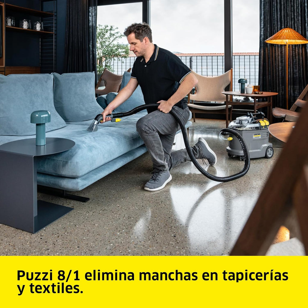 Kärcher Lava-aspiradora Puzzi 8/1, para tapicerías y superficies textiles, depósito: 8 l, caudal de pulverización: 1 l/min, superficie: 12-18 m²/h, peso: 8,6 kg, boquilla para tapicerías