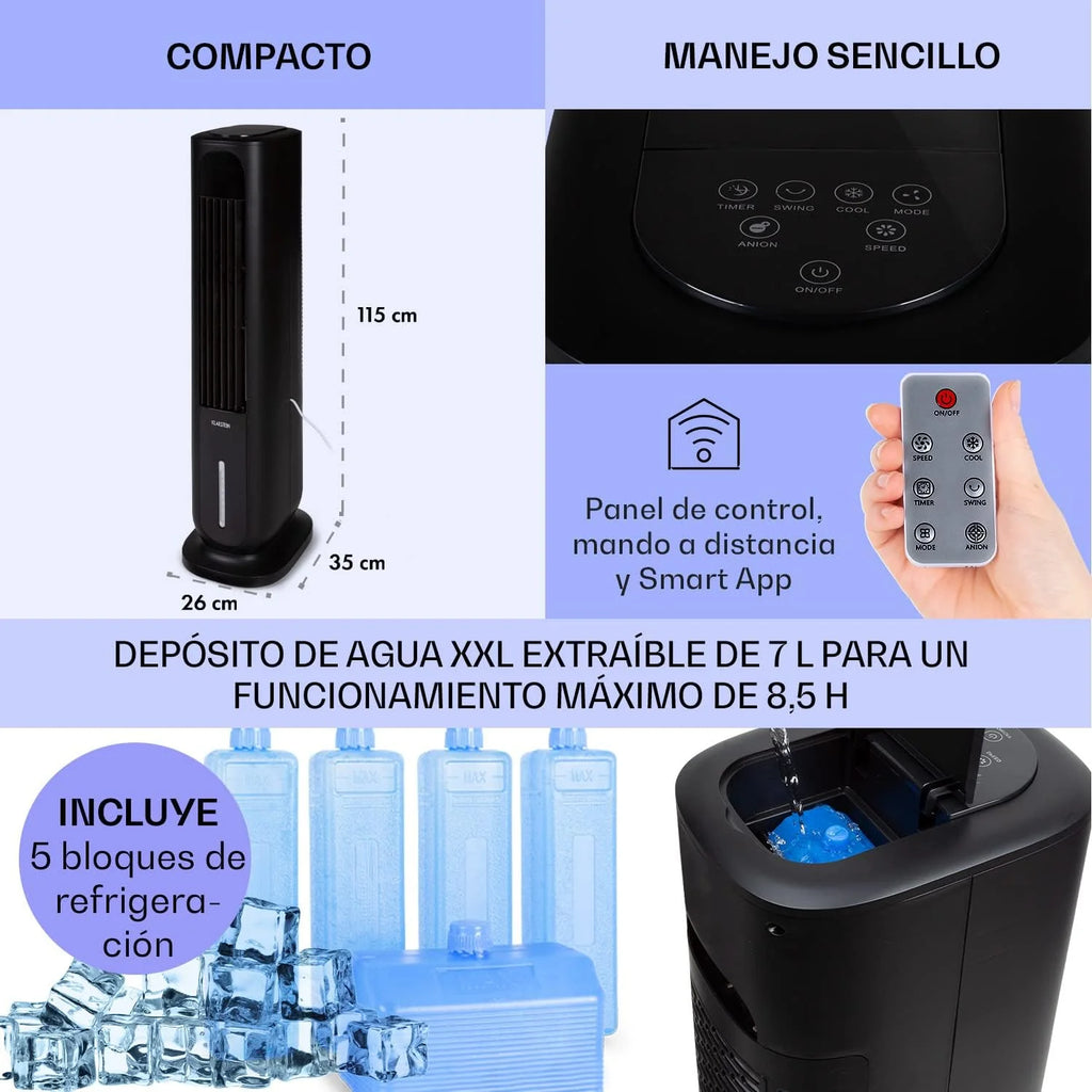 KLARSTEIN Polar Tower Smart Climatizador Evaporativo – 4 en 1: Ventilador, Humidificador & Purificador, Control App & Alexa, Depósito 7L, 3.306 m³/h, Modo Noche, Portátil con Ruedas, Negro