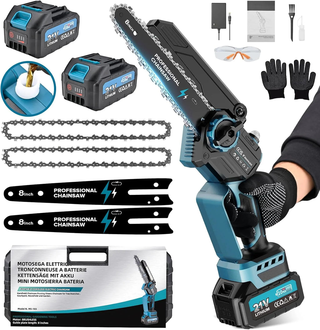 2-in-1 8 Zoll Akku-Mini-Kettensäge und Hochentaster mit 2x 4000mAh Akkus, bürstenlose Kettensäge mit Teleskopstange für den Außenbereich, ausziehbar bis 4M