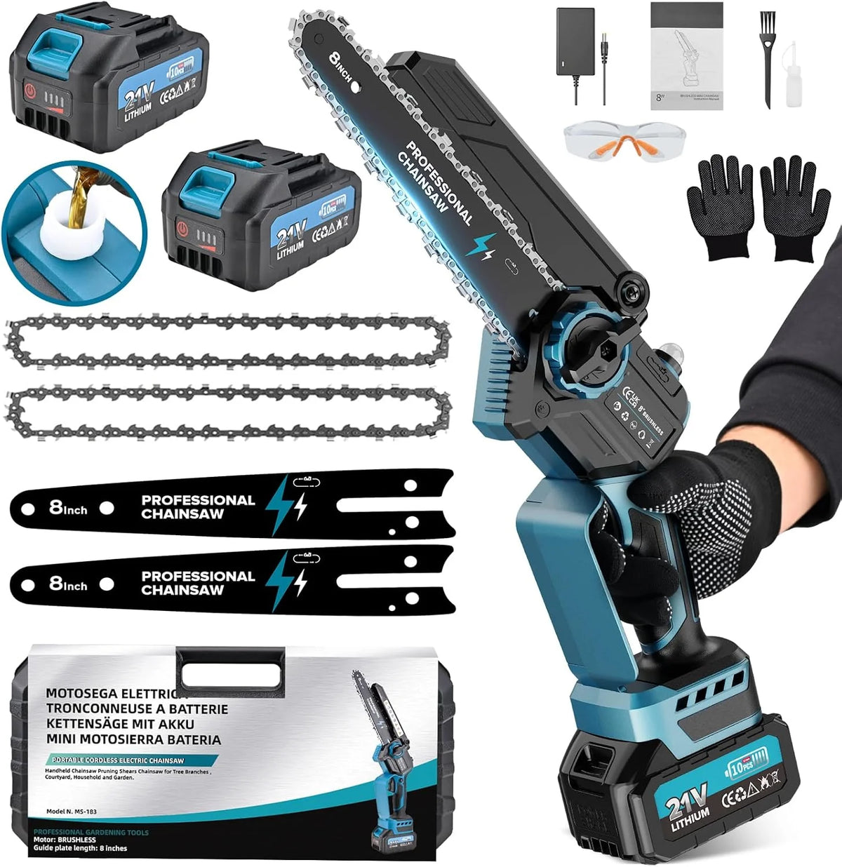 2-in-1 8 Zoll Akku-Mini-Kettensäge und Hochentaster mit 2x 4000mAh Akkus, bürstenlose Kettensäge mit Teleskopstange für den Außenbereich, ausziehbar bis 4M