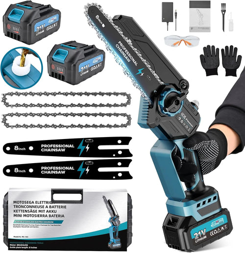 2-en-1 8 Pulgadas Mini Motosierra y Motosierra de Pértiga Inalámbrica con 2 Baterías de 4000mAh, Motosierra sin Escobillas con Telescópicas para Exterior, Extensible hasta 4M