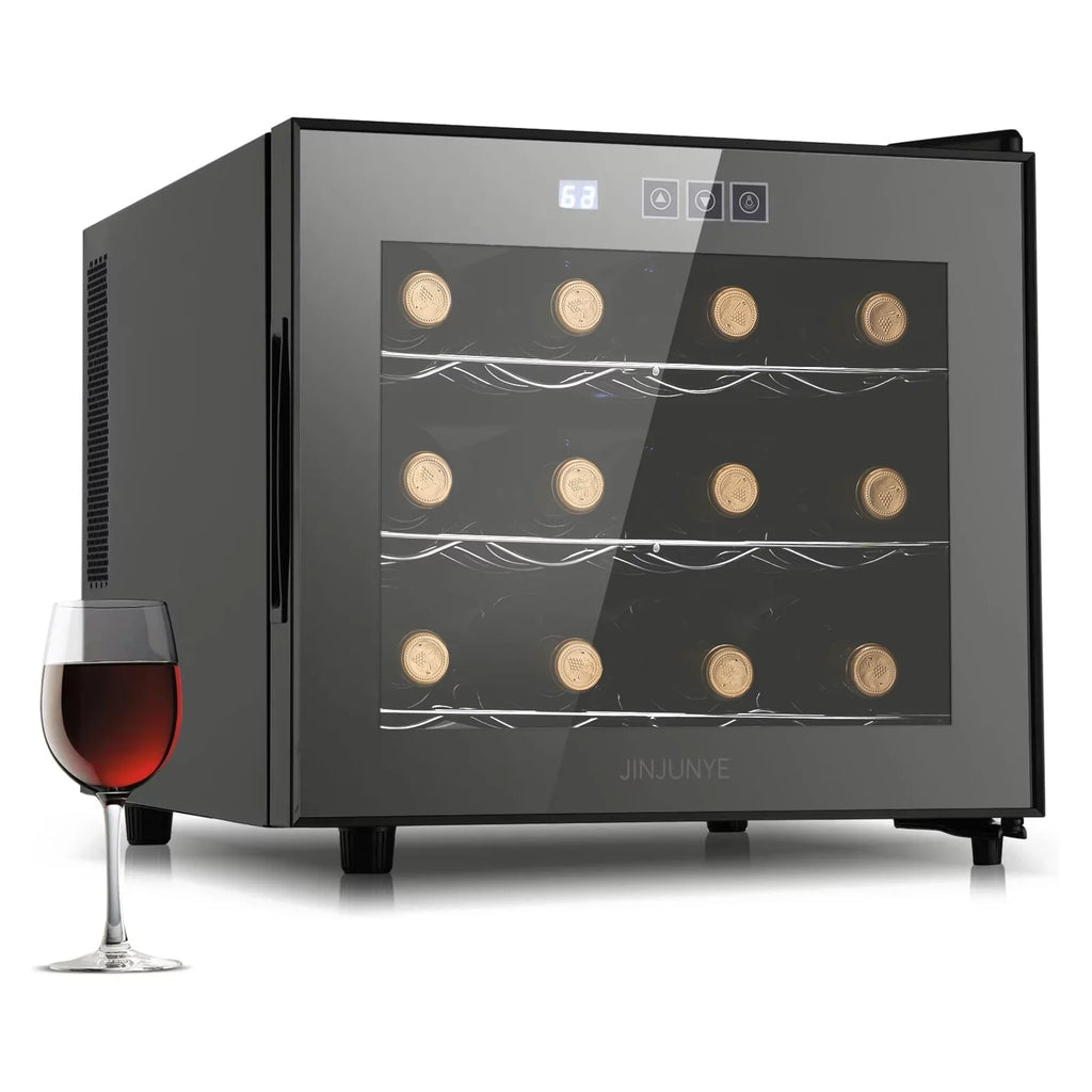 2025 Nevera para vino JINJUNYE, enfriador compacto para 12 botellas, mini bodega de mostrador con control de temperatura, nevera para vino independiente con puerta de vidrio para el hogar, oficina, bar, regalo para hombres