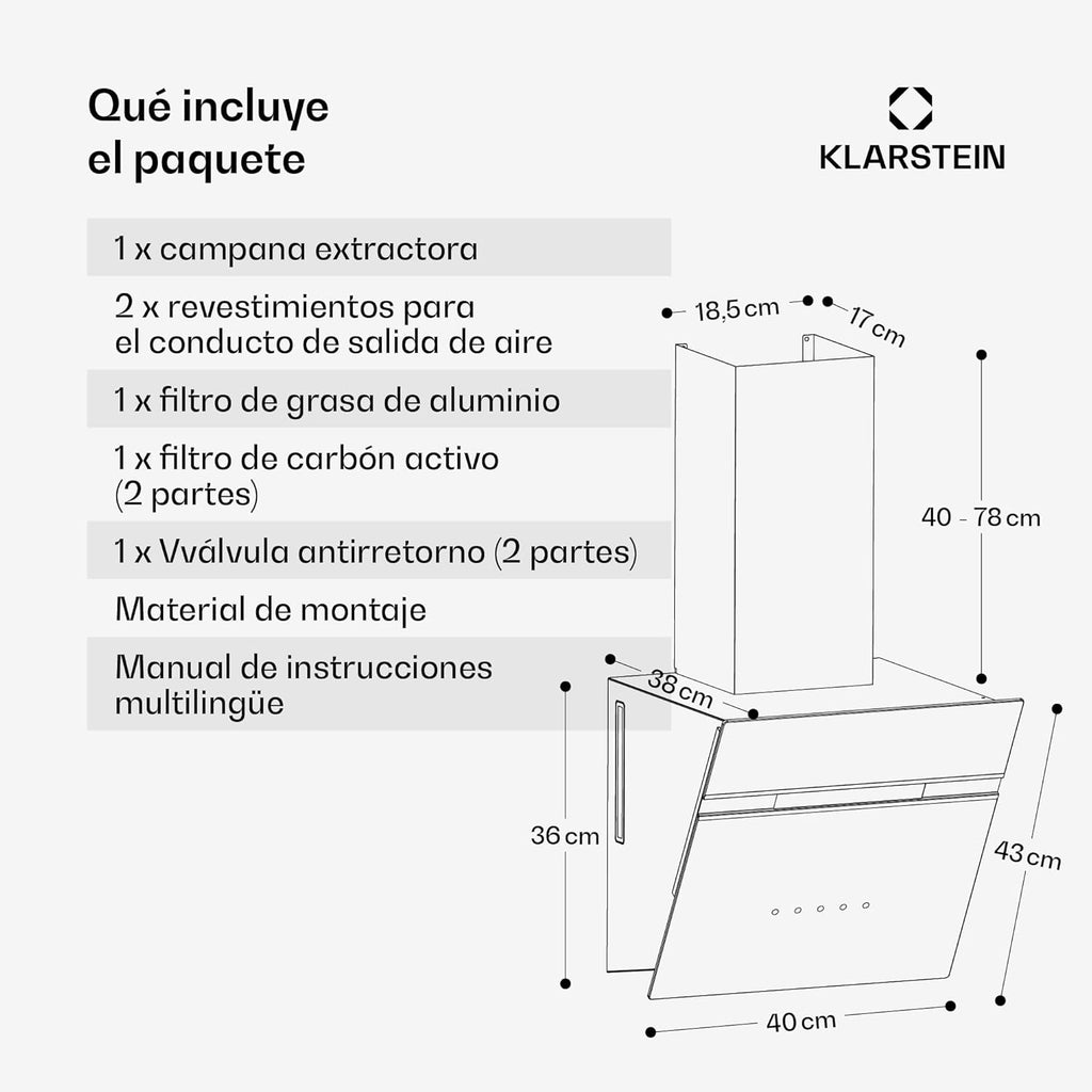 KLARSTEIN Alina Dunstabzugshaube - 570 m³/h, Klasse A, LED, 54 dB, Umluft & Abluft, Dekorative Küchenabzugshaube, Touch-Steuerung, 39,8 cm breit, Schwarz