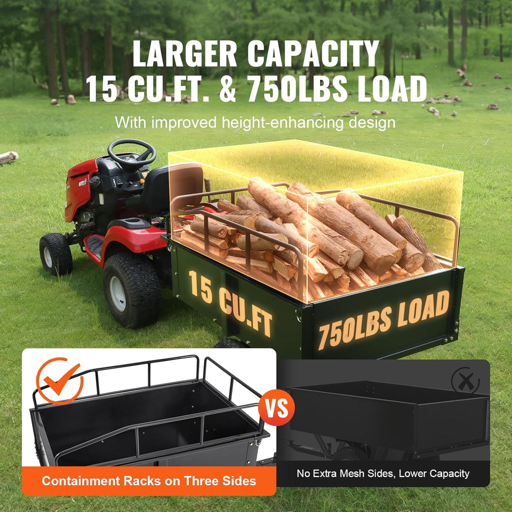 VEVOR Kippanhänger, Ladekapazität 340 kg, robuster Garten-Nutzanhänger mit abnehmbaren Seiten, 0,4 m³ Kipp-Transportwagen für Traktor, Rasenmäher, ATV, 200x66x76cm