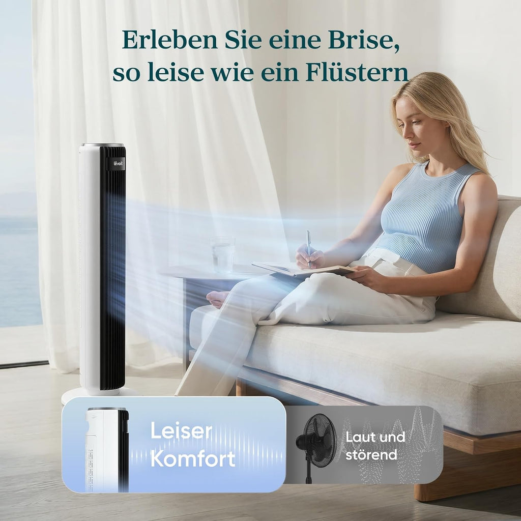 Levoit-Turmventilator mit Fortschrittlichem Schlafmodus-Ventilator leise 12Std Timer 4 Modi 5 Geschwindigkeiten-Automatikbetrieb mit Sensor-Oszillation Tower Fan mit Fernbedienung Weiß 92CM