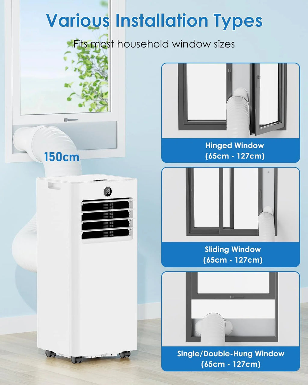 Aire Acondicionado Portatil 7000 BTU, Enfriamiento/Ventilador/Deshumidificación/Modo Sueño 4 en 1, Táctil/Mando a Distancia, Temporizador 24h, Ruedas 360°, Incluye Manguera de Escape & Kit de Ventana