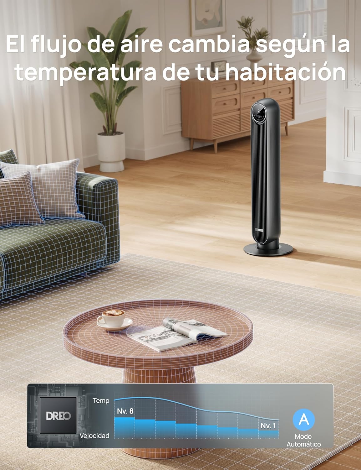 Dreo 20dB Ventilador de Pie Silencioso, Ventiladores de Torre con Velocidad de 7,6 m/s, 4 Velocidades, Rotación de 90°, Temporizador de 8 Horas, Pantalla LED y Mando a Distancia Incluido. Negro