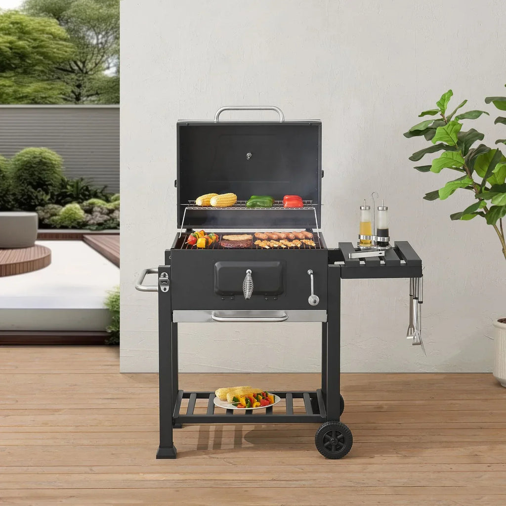 Kohlegrill Arnad mit 3 Ablagen Stahl 105x114x48cm - Schwarz [casa.pro]