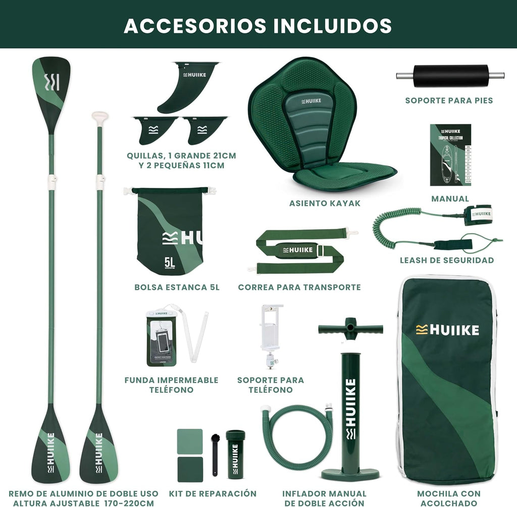 HUIIKE Tabla Paddle Surf Hinchable con Accesorios Incluidos, Remo, Quillas, Inflador. Stand Up Paddle Board Gran Estabilidad y Resistencia. 305 x 84 x 15 cm, Soporta hasta 130 kg