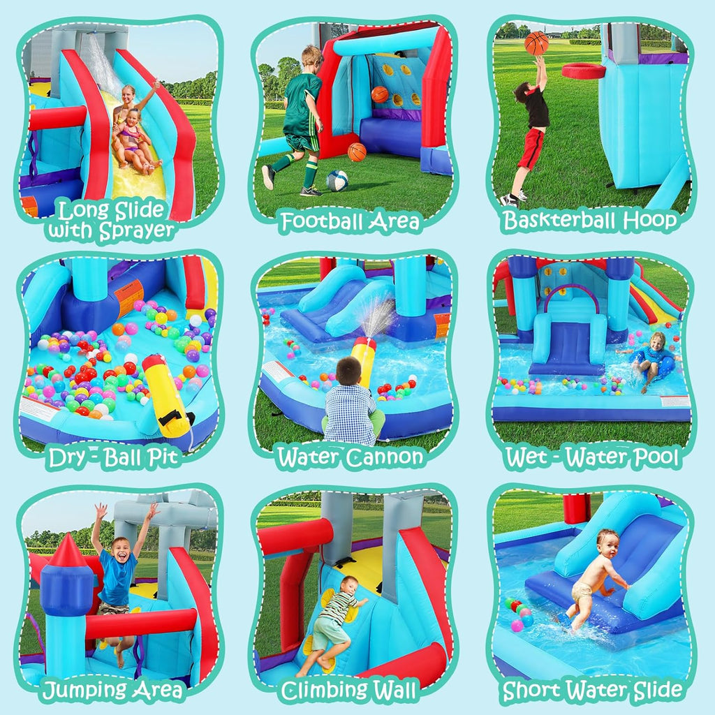 Tobogán acuático inflable 8-en-1 para niños: castillo inflable parque acuático con soplador de 450W, muro de escalada, piscina, 2 pistolas de agua, canasta de baloncesto, tobogán, rociador de cocodrilo – perfecto como regalo y para fiestas en el jard