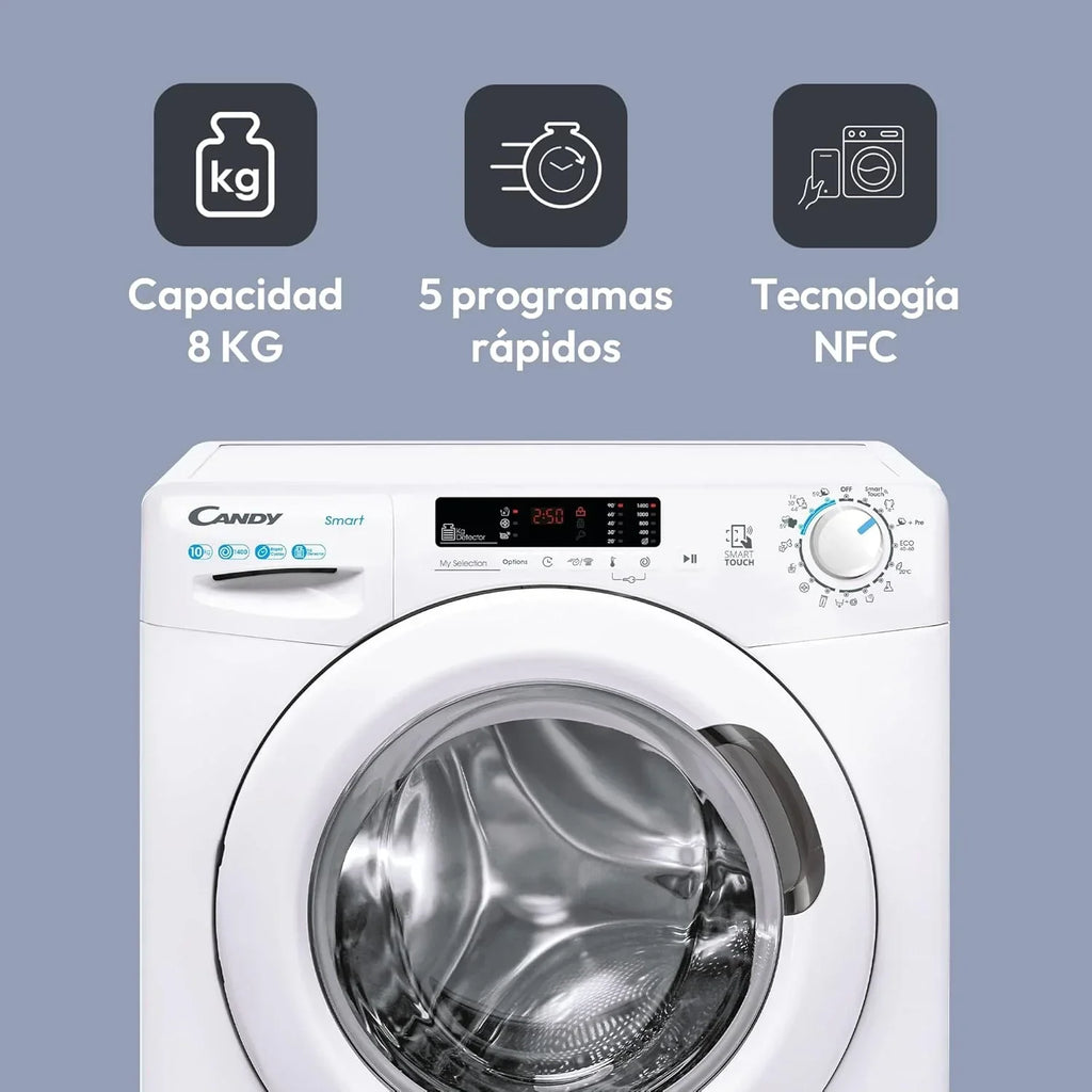 Candy Smart CS 14102DE/1-S, Washing Machine 10 kg, 1400 RPM, Digital Display and Control, NFC Technology, Voice Assistant, 15 Cycles, 5 Fast, Easy Ironing, Delay Start 24H, KG Detector, 81 DB, White