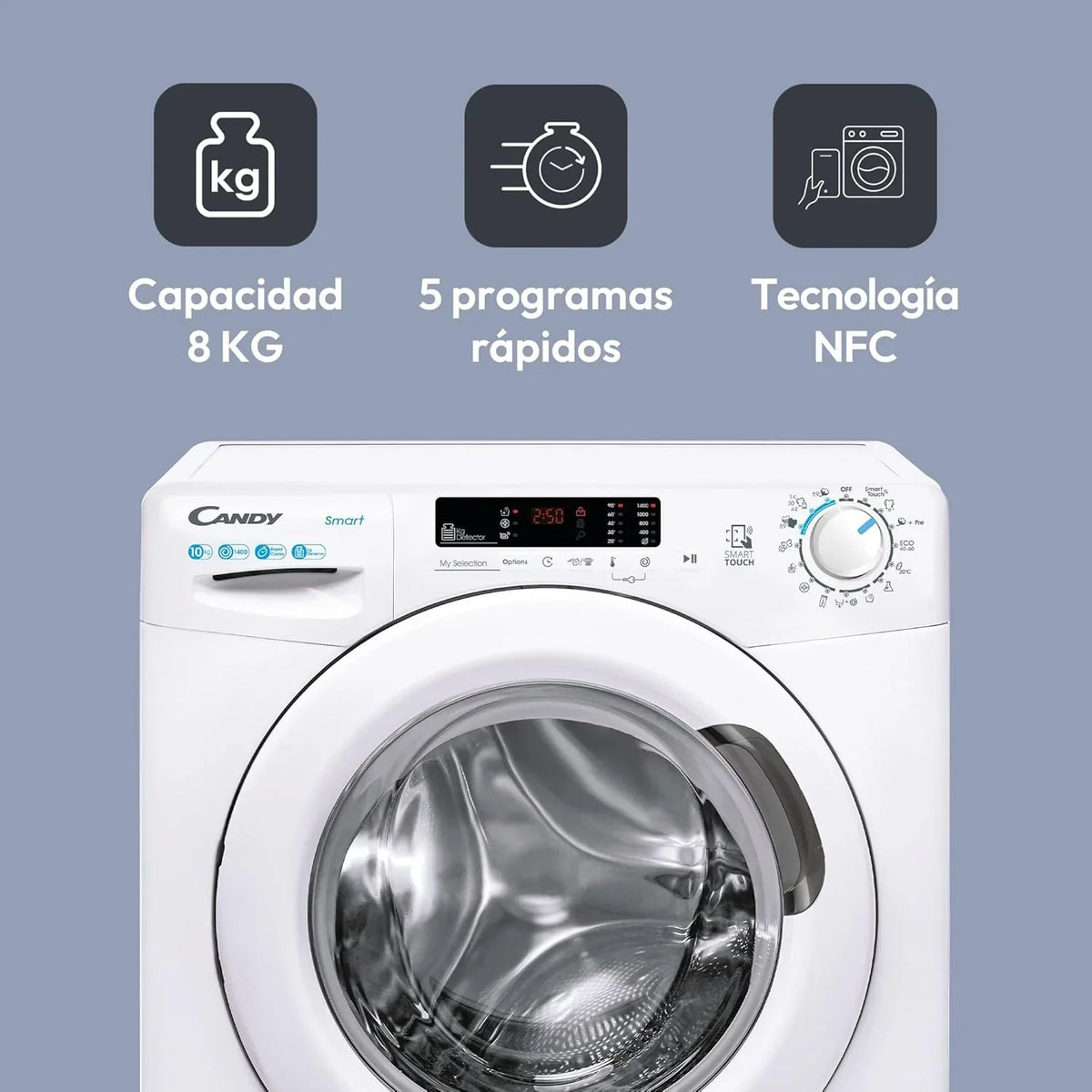 Candy Smart CS 14102DE/1-S, Washing Machine 10 kg, 1400 RPM, Digital Display and Control, NFC Technology, Voice Assistant, 15 Cycles, 5 Fast, Easy Ironing, Delay Start 24H, KG Detector, 81 DB, White