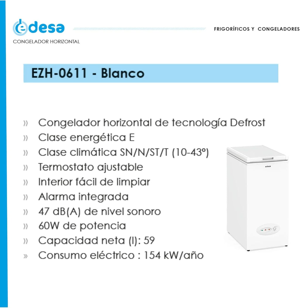 Edesa Congelador Horizontal EZH-0611, Altura 0.84 m, Termostato Ajustable, Fácil Limpieza, Alarma Integrada, Bajo Nivel Sonoro, Gran Capacidad 59 l, Potencia 60W, Color Blanco