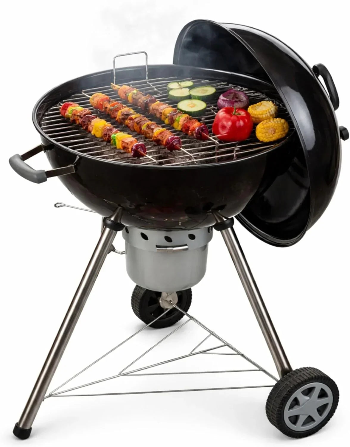 Amig - Fireplus Charcoal BBQ XXL - Steel Grill 57x42cm - With Wheels and Side Trays - Large Transportable Rotisserie - Ash Tank - 131x116.5x56cm