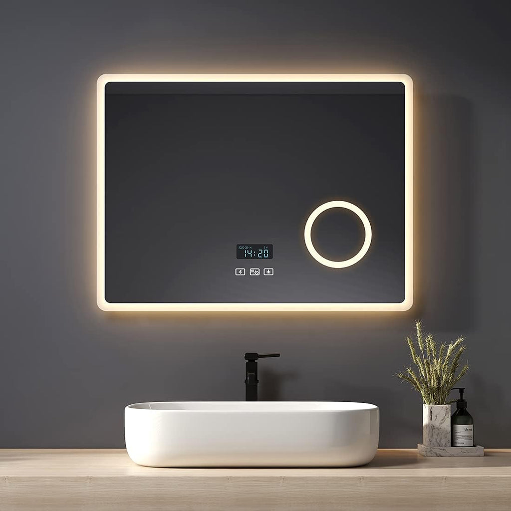 Heilmetz LED Badspiegel mit 3-fach Vergrößerungsspiegel, 80 x 60 cm, mit Touch-Schalter und Antibeschlagfunktion, Uhr und Bluetooth, Dimmbar, Drei Farben, Typ13