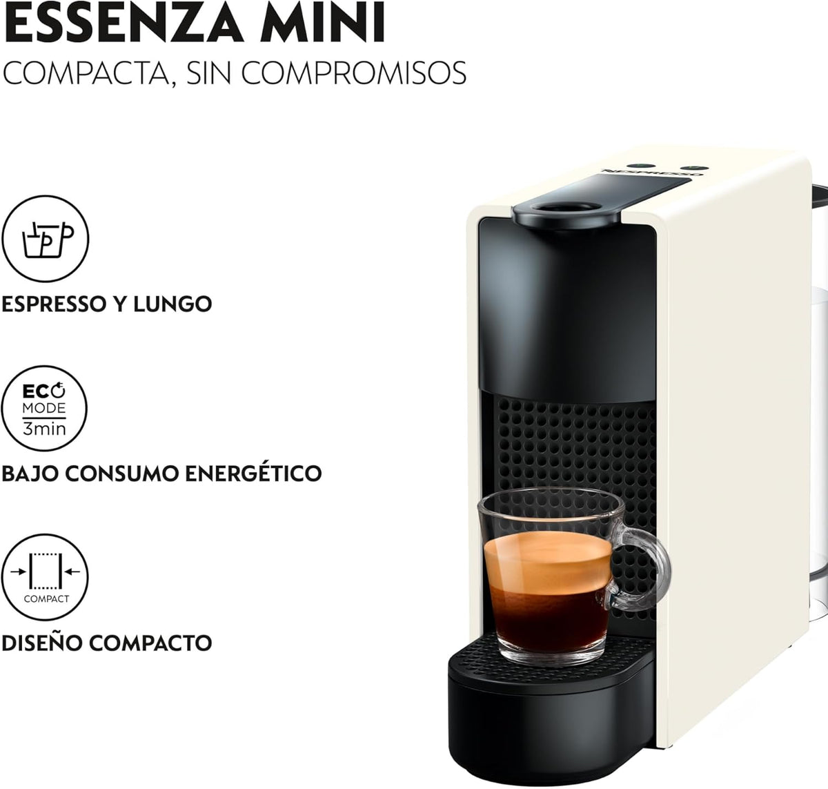 Nespresso Krups Essenza Mini XN1101 - Cafetera monodosis de cápsulas Nespresso, compacta, 19 bares, apagado automático, color blanco (Pack Cápsulas bienvenida incluido)