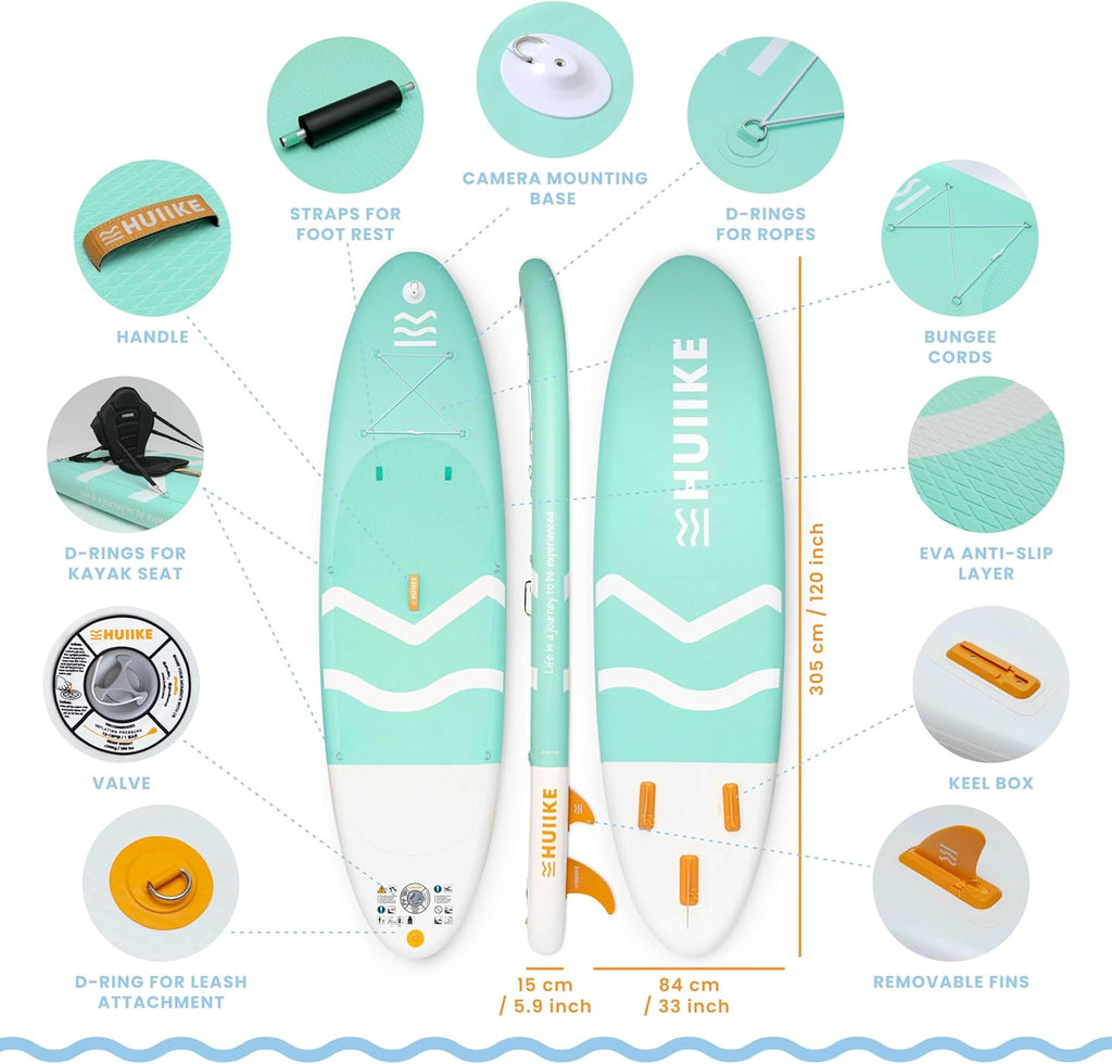 HUIIKE Inflatable Paddle Board for Adults with Accessories Included, Oar, Fins, Pump. Stand Up Paddleboard Great Stability and Resistance. 10’ x 33" x 5.9", Maximum Load 286 lb