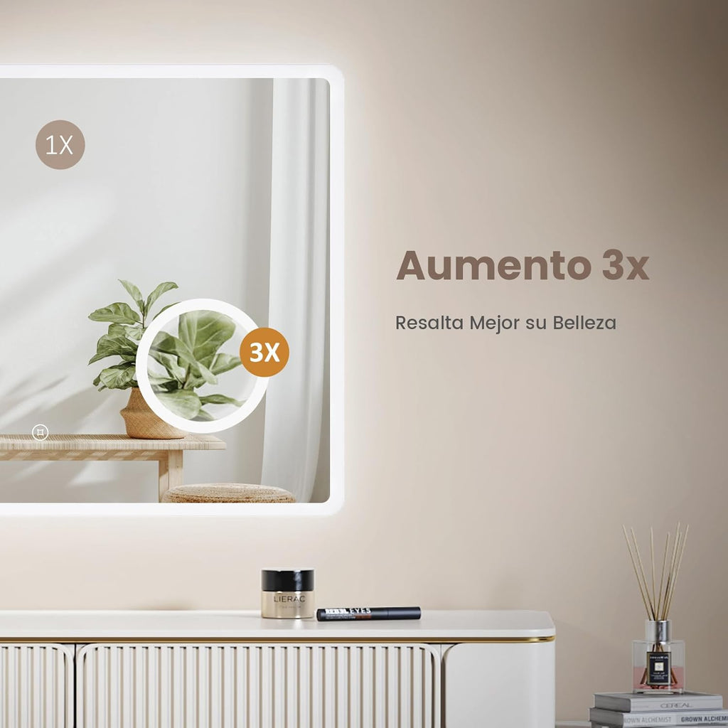 EMKE LED Badspiegel 90 x 70 cm, mit Touch-Schalter, Antibeschlag, 3X Lupe, Uhr, 6500K