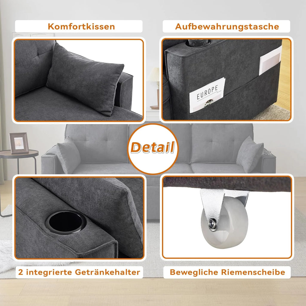 3-Sitzer Schlafsofa mit Getränkehaltern und seitlicher Armlehnentasche, L-förmiges Sofa, rechts und links umbaubar, Grau