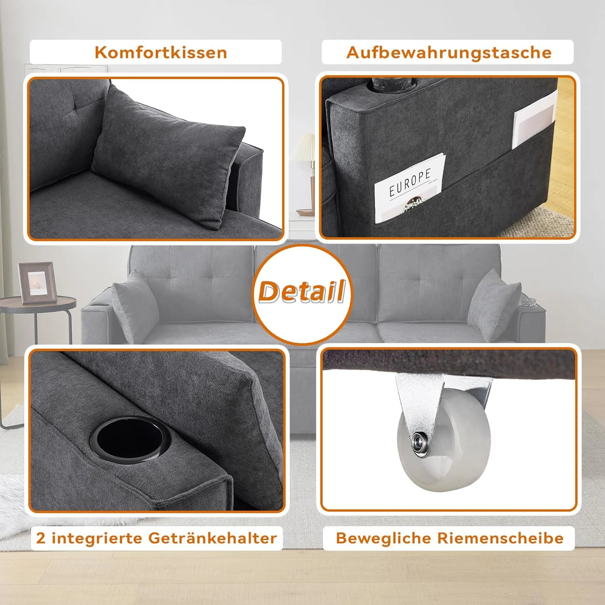 3-Sitzer Schlafsofa mit Getränkehaltern und seitlicher Armlehnentasche, L-förmiges Sofa, rechts und links umbaubar, Grau