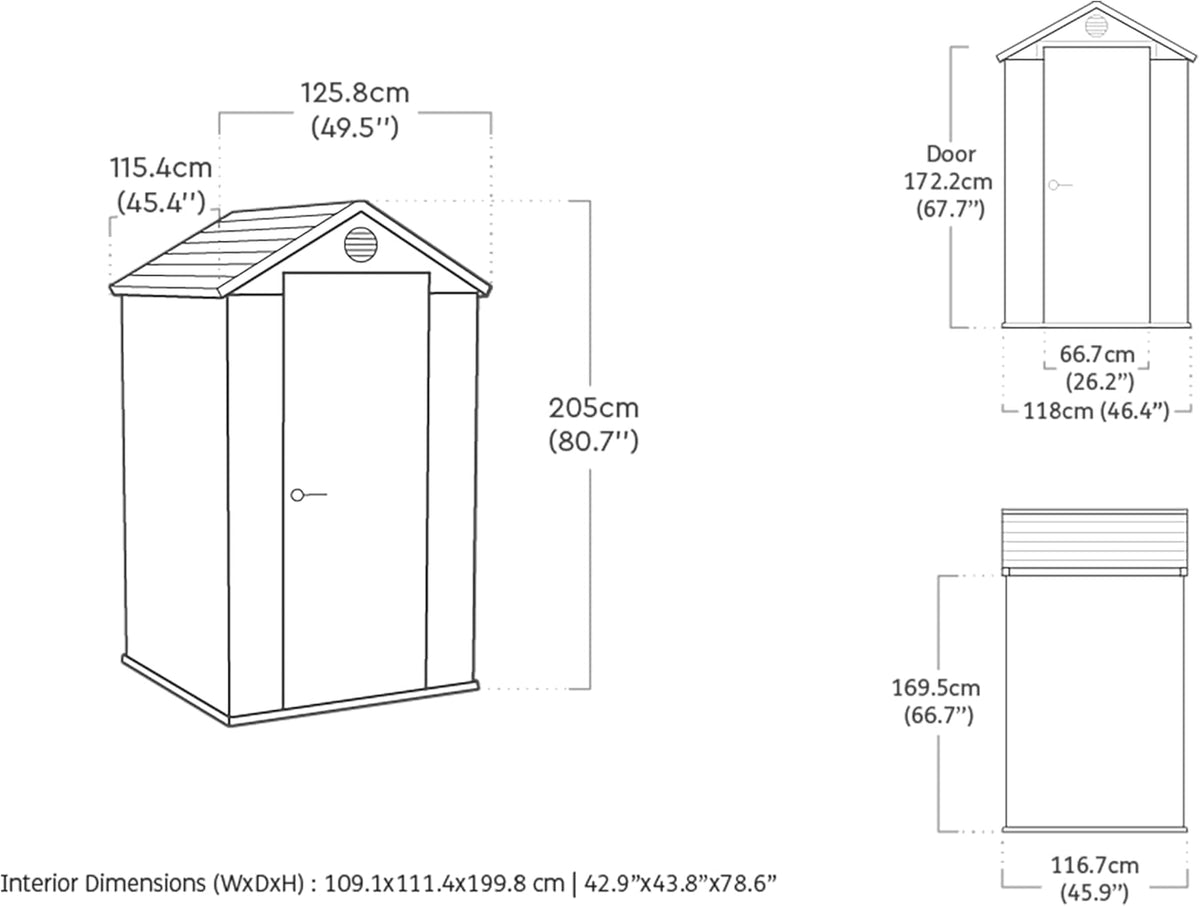KETER Darwin 4x4 Gartenhaus, 125.8 x 117 x 205 cm und 1.4 m², Bodenplatte, Lüftungssystem, Tür und Fenster, wasserdicht, Grau