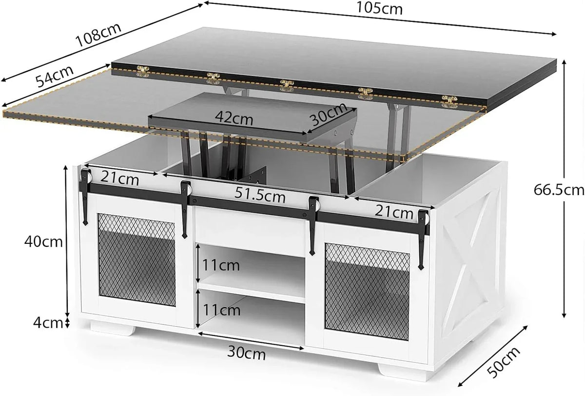 VOWNER Mesa de Centro Elevable, Mesa Extensible, Multifuncional 3 en 1 con Almacenamiento Oculto - Comedor, Convertible, Estilo Granja, Nogal