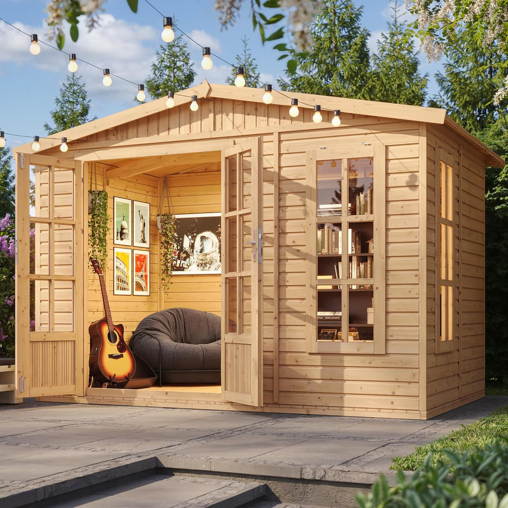 TIMBELA Holz Gartenhaus 6 m2 - Geräteschuppen Garten Außen mit Fußboden, Fenster, Doppeltür - Gartenhütte für Home Office - mit Dachpappe Grün M334FB+H334FBGREEN