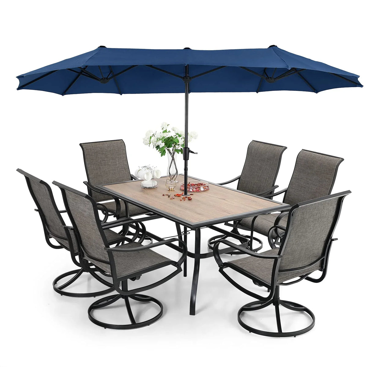 2025 Conjunto de mobiliario de jardín de 8 piezas con parasol, incluye 6 sillones giratorios con tela sling