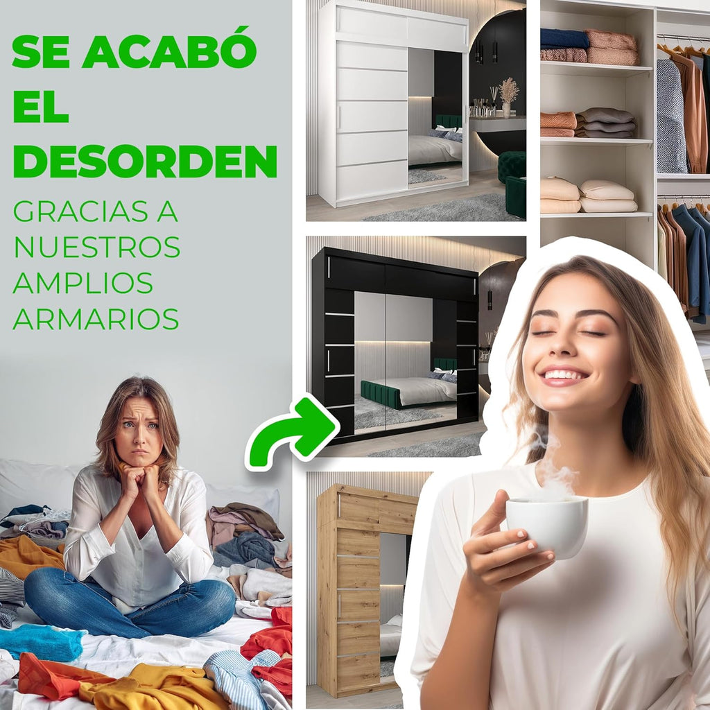 ABIKSMEBLE Verona 4 200 Bedroom Wardrobe with Three Sliding Doors – Modern Storage Cabinet with Mirror, Coat Rack and Shelves – 200 x 200 x 62 cm – Matte Black + Sonoma