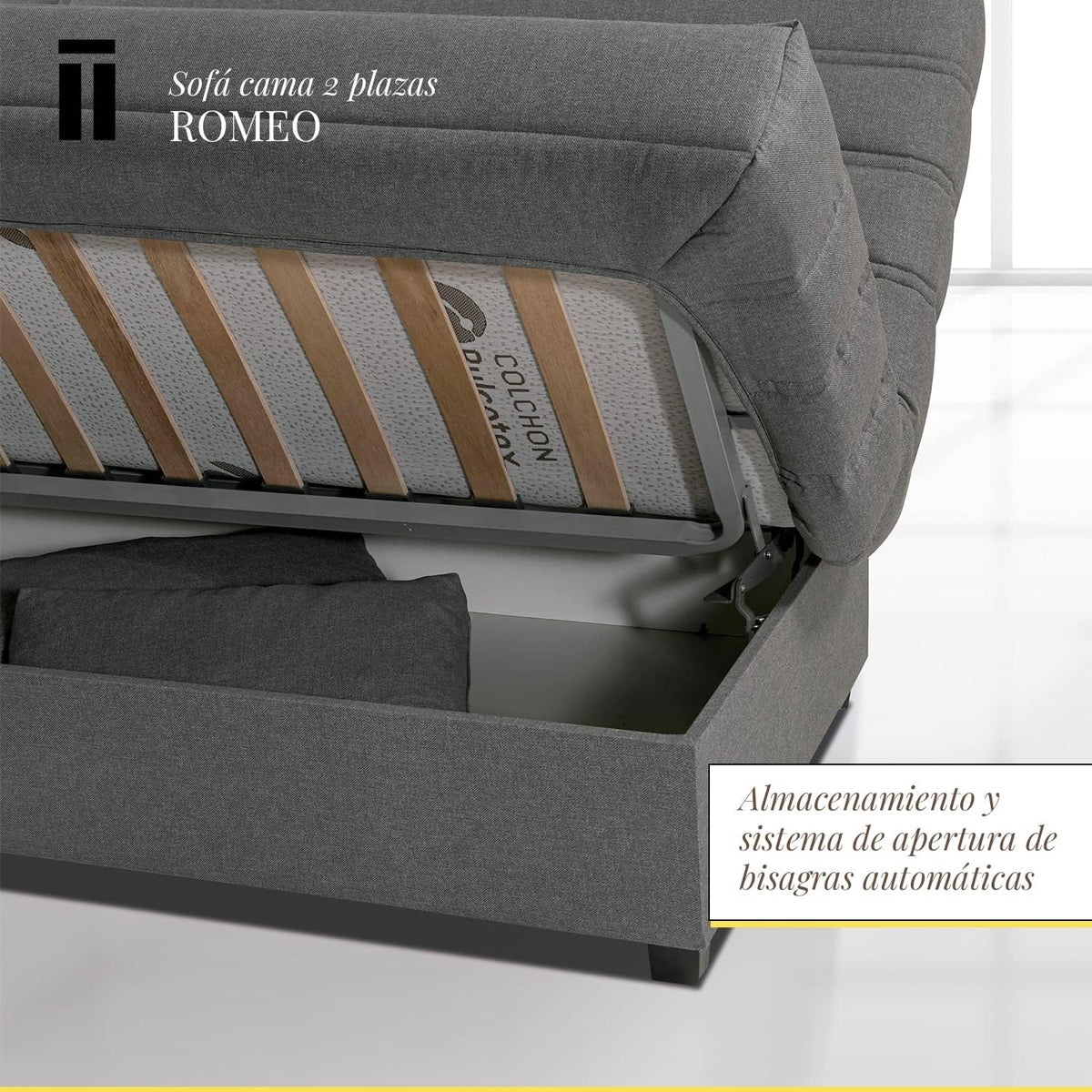SHIITO - Sofá Cama de 3 Plazas con Arcón Interior - 100 x 193 x 100 cm - Modelo Romeo - con Apertura Clic-Clac - Incluye 2 Cojines - Color Gris Oscuro