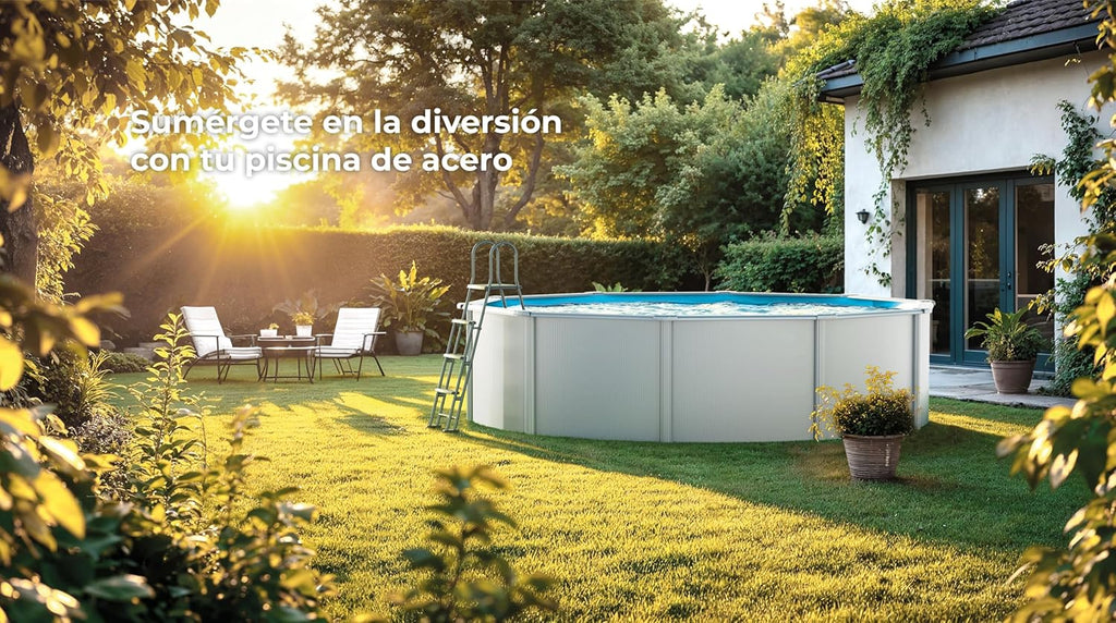 Piscina de Acero Elevada,Redonda con Aspecto Acero Blanco. Piscinas Desmontables para Jardín 240 x 120 cm - Piscina Gre KIT300ECO Fidji.
