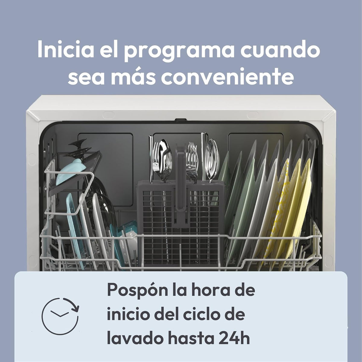 Candy CP 6E51LW Lavavajillas Pequeño y Compacto, 6 Servicios, Digital, 51DBA, 5 Ciclos, Media Carga, Inicio Diferido 3-6-9 horas, Indicador Sal y Abrillantador, Indicador Fin de Ciclo, Blanco
