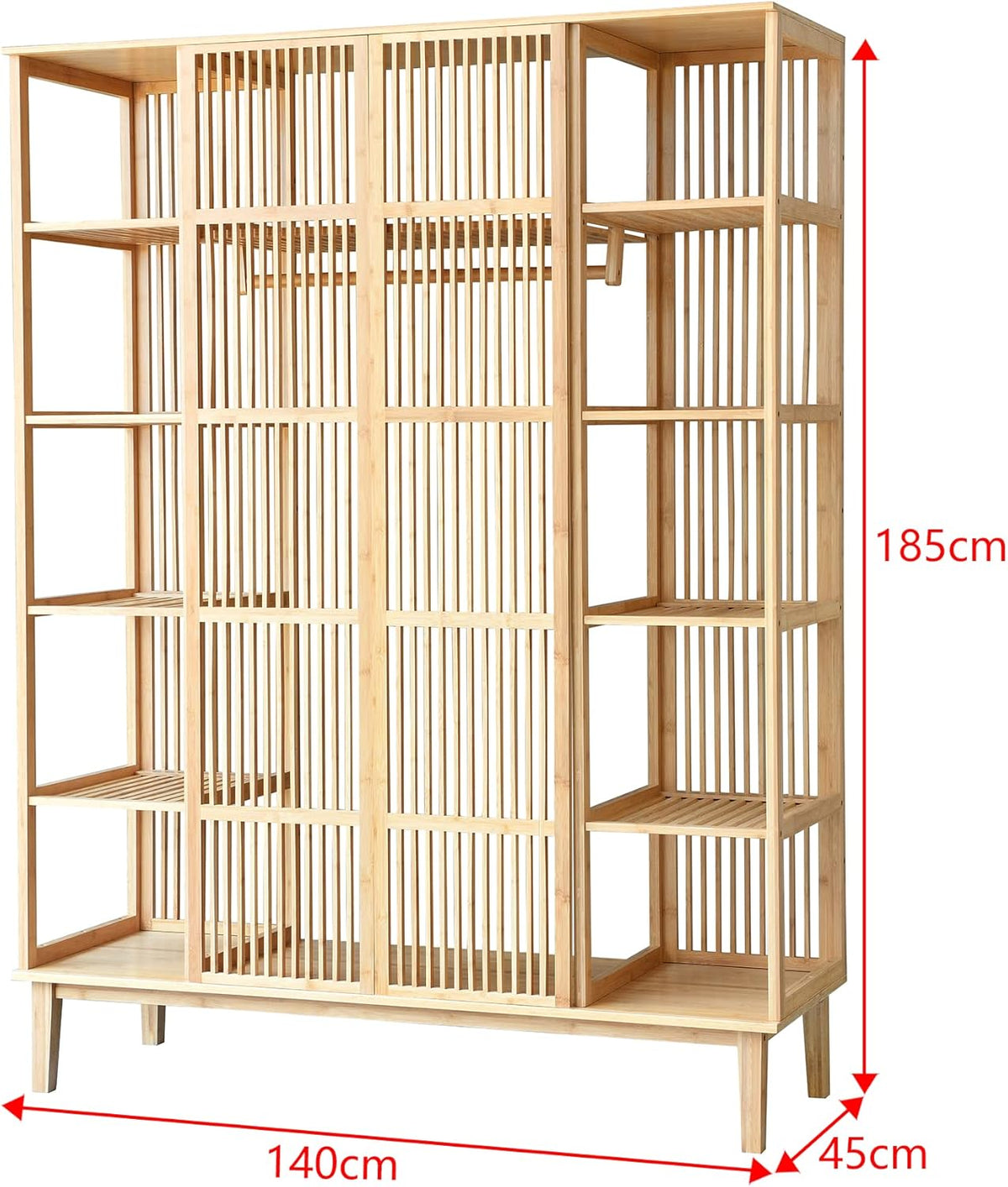 [en.casa] Armario para Ropa con 2 Puertas Deslizantes Clóset con 12 Estantes y 1 Barra de Colgar Perchero de Bambú 185 x 140 x 45 cm Natural
