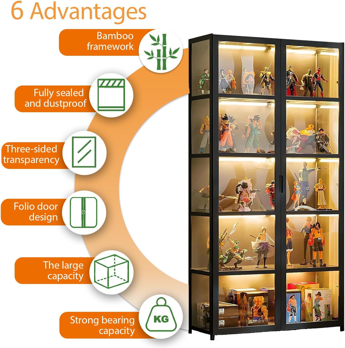 Vitrine aus Acrylglas, Schaukasten mit 5 Regalböden, Sammel-Spielzeug-Organizer, Bücherregal für Schlafzimmer, Leseecke, Kinder, Bambus (Schwarz, Doppeltür)