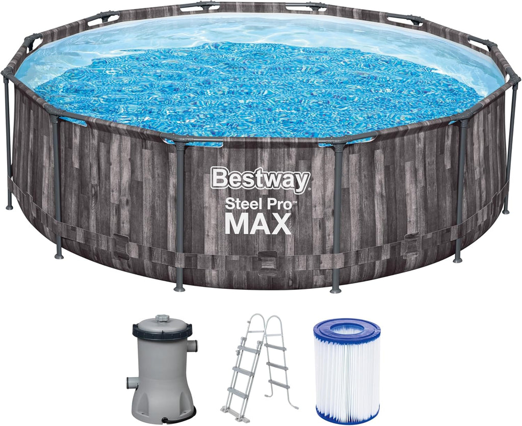Bestway Steel Pro MAX Frame Pool – Rund (366 x 100 cm, inkl. Filterpumpe, Holzoptik)