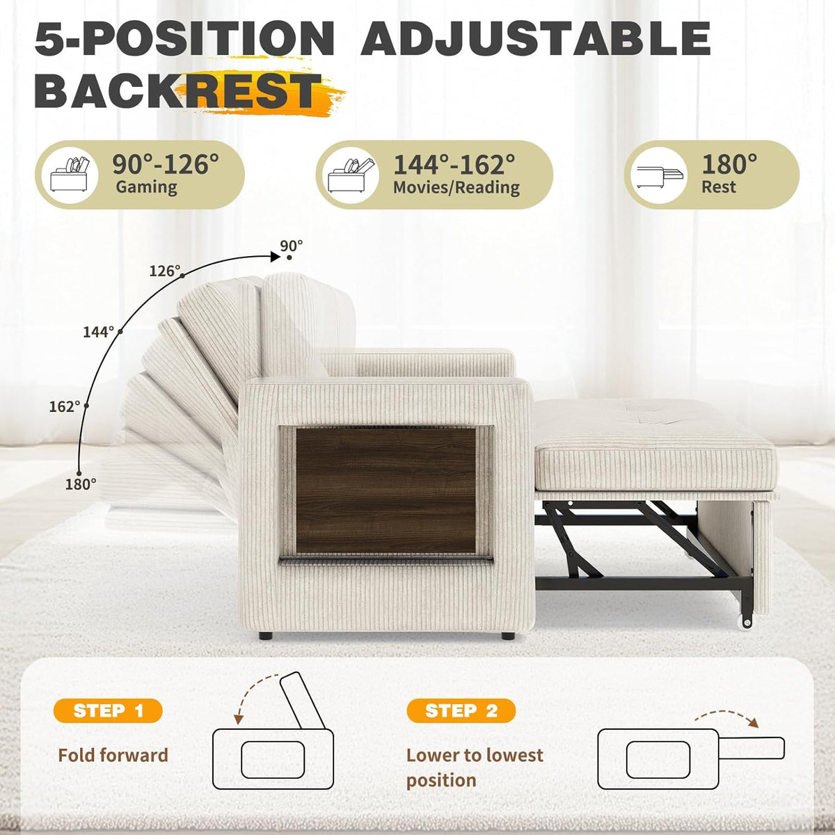 YOUDENOVA Sofá Cama 3 en 1, Sillón Cama multifunción, Sofá reclinable con Respaldo Regulable en 5 Posiciones, Sofá Cama para 2 Personas con Mesa y Bolsillos Laterales, Pana Beige