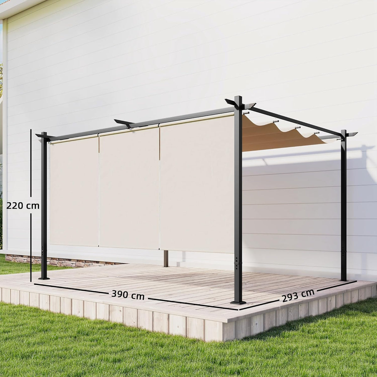 Outsunny Pérgola de Jardín 4x3 m con Techo Retráctil y 3 Laterales Enrollables, Cenador de Jardín Montado en Pared o Independiente, con UPF30+, Estructura Metálica, Pabellón para Exterior, Beige
