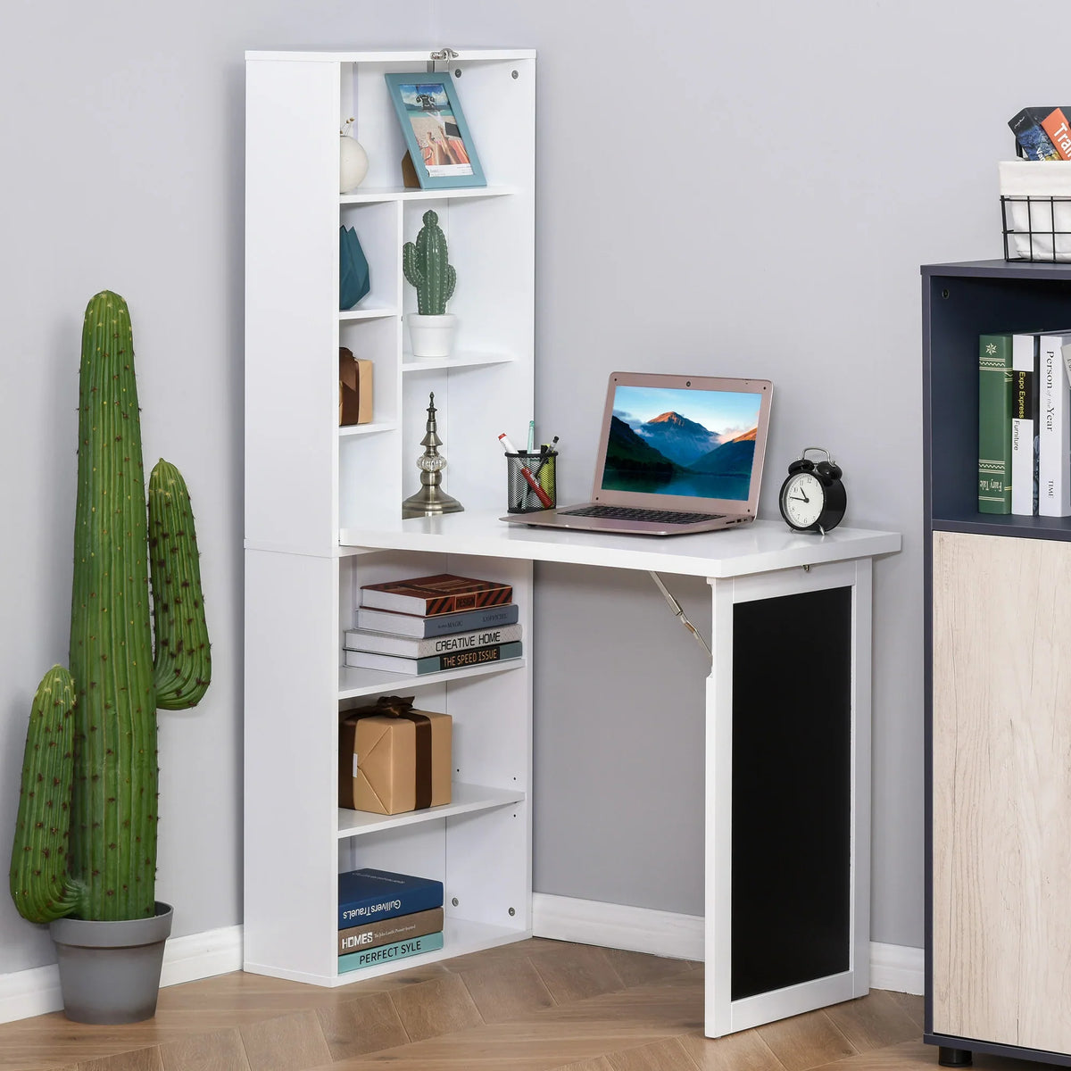 Escritorio de Ordenador de Pared – Mesa de Estudio Abatible con Pizarra y Estantería, Blanco
