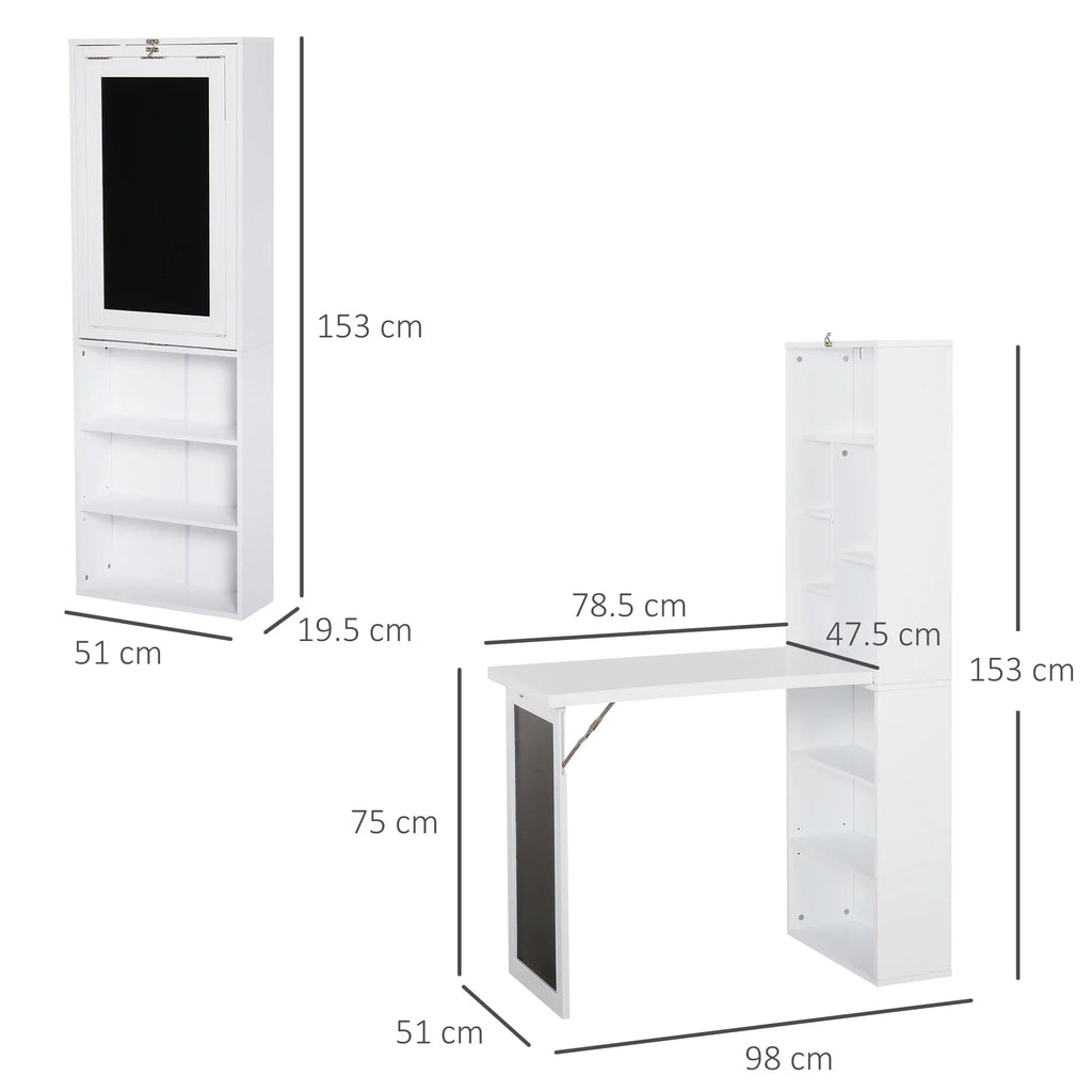 Escritorio de Ordenador de Pared – Mesa de Estudio Abatible con Pizarra y Estantería, Blanco