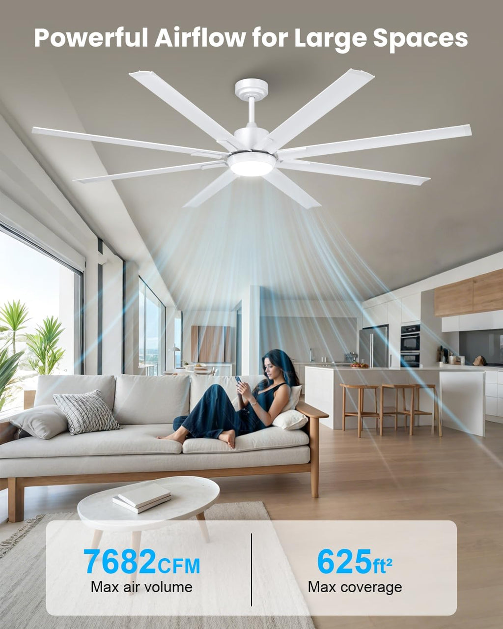 183cm Extra Großer Deckenventilator mit 8 Aluminiumflügeln, Licht und Fernbedienung, geräuscharmer Ventilator mit umkehrbarem DC-Motor für Außenterrasse, großes Zimmer